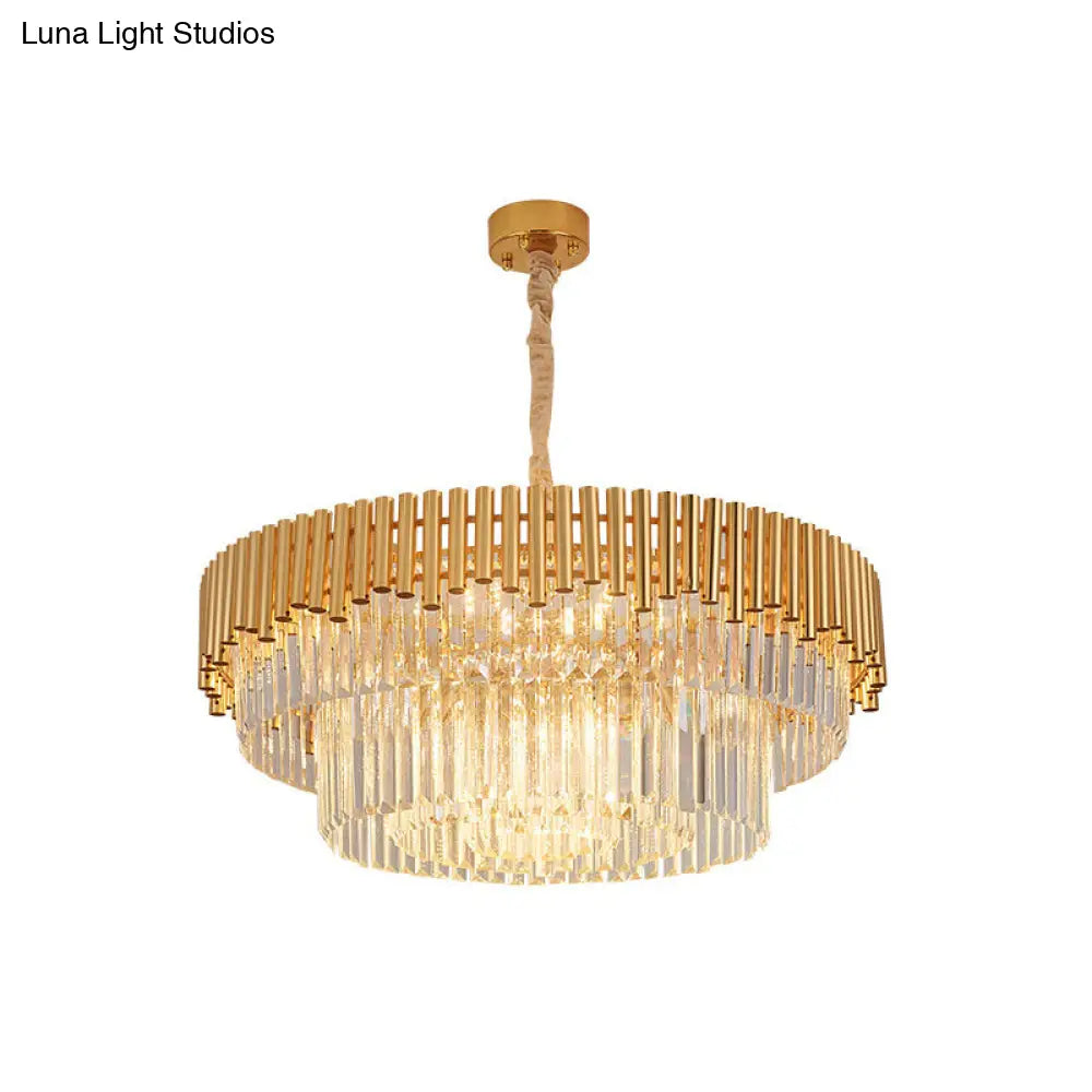 Artistic Crystal Round Chandelier Light In Gold Tiered Suspension For Living Room / 31.5