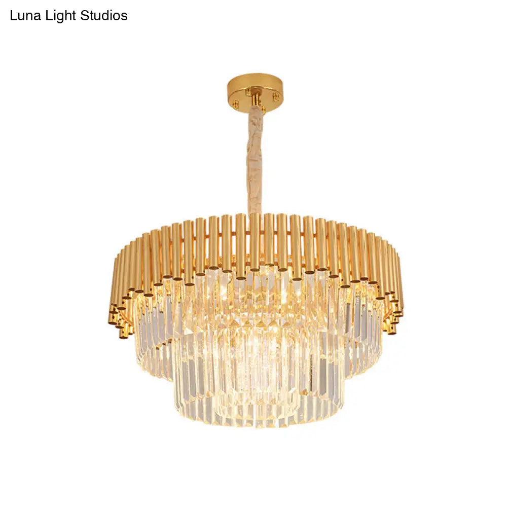 Artistic Crystal Round Chandelier Light In Gold Tiered Suspension For Living Room / 23.5