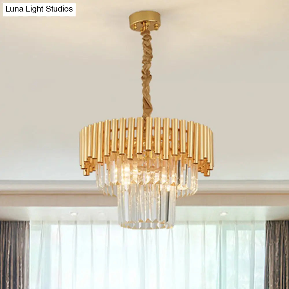 Gold Artistic Crystal Chandelier: Clear Tiered Round Suspension Light For Living Room