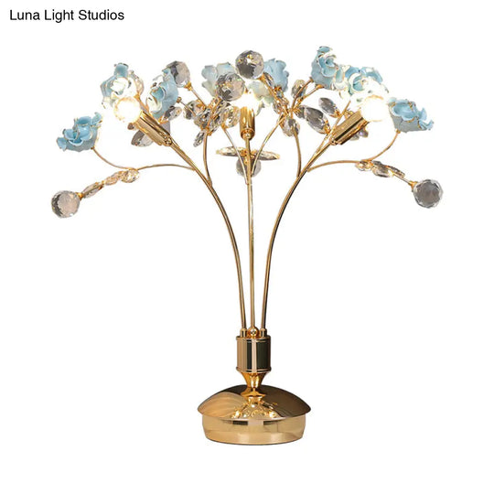 Gold Ball Desk Lamp With Crystal Faceted Shade And Ceramic Flower Design - Modern Nightstand Light