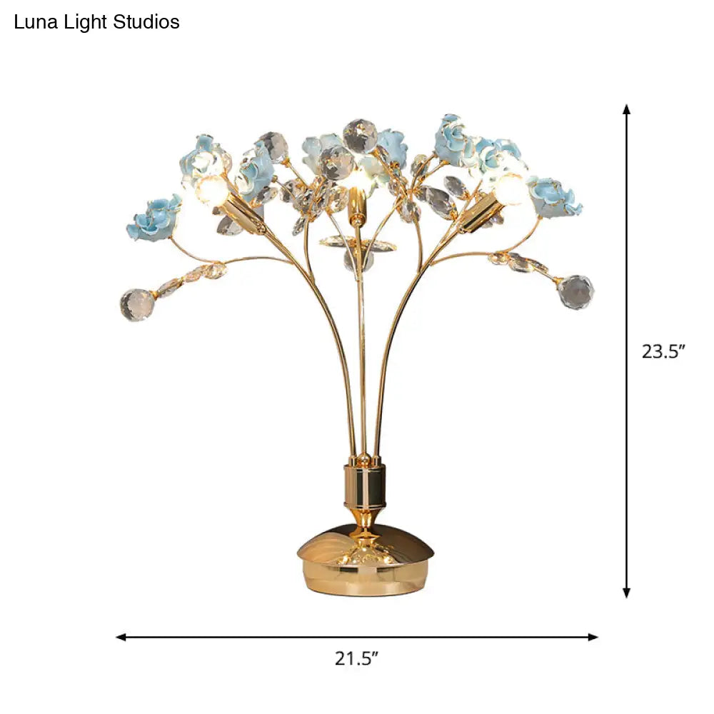 Gold Ball Desk Lamp With Crystal Faceted Shade And Ceramic Flower Design - Modern Nightstand Light