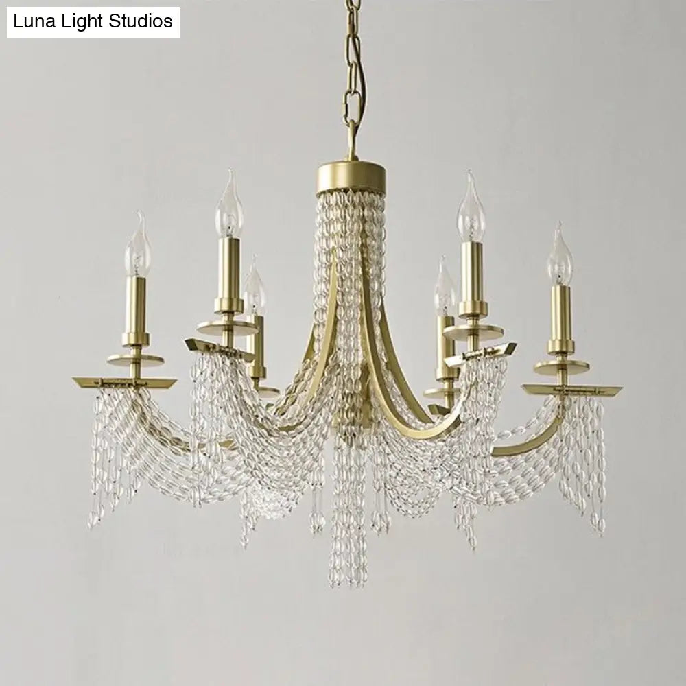 Gold Baroque Candle Chandelier - 6-Bulb Metal Suspension Lighting With Crystal Chain