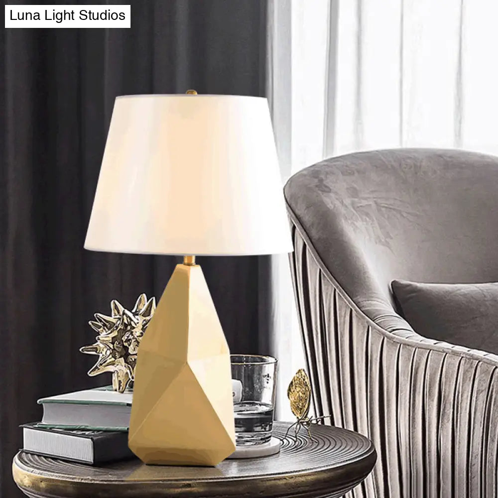 Gold Bedside Nightstand Lamp: Postmodern Table Lighting With Fabric Bucket Shade