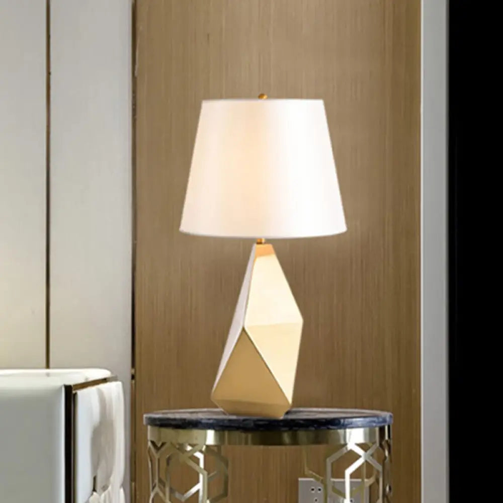 Gold Bedside Nightstand Lamp: Postmodern Table Lighting With Fabric Bucket Shade