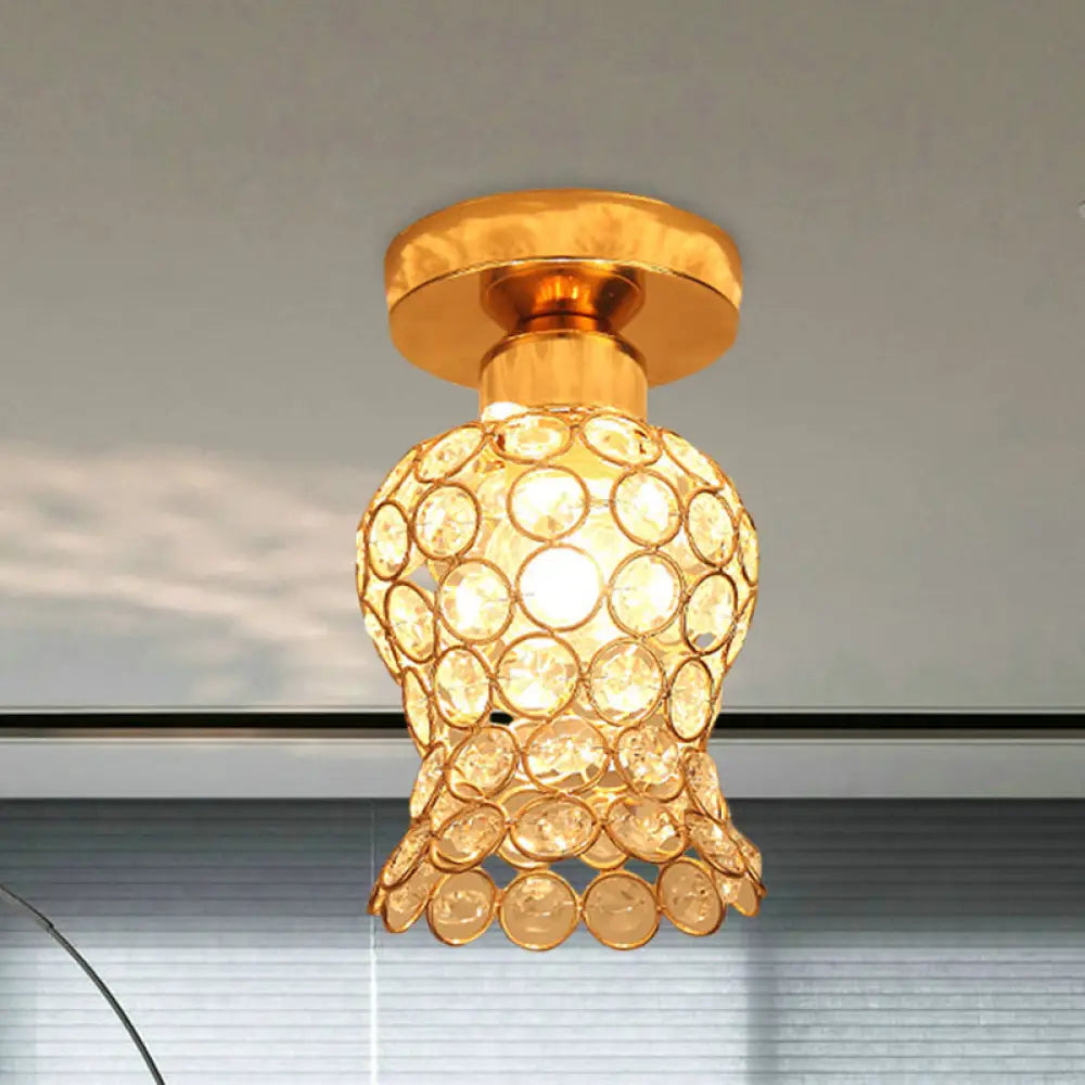 Gold Beveled Crystal Floral Flush Mount Balcony Ceiling Lighting Fixture