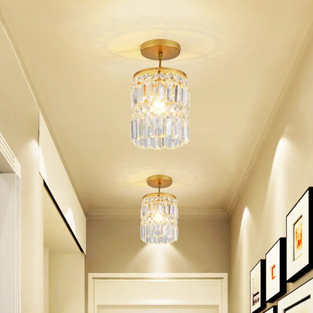 Gold Beveled Crystal Semi Flush Ceiling Light With Minimalist Design For Hallway (1 Head)