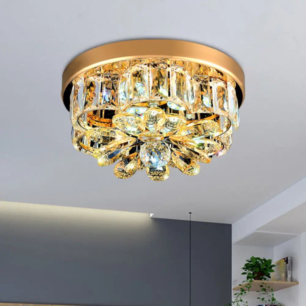 Gold Beveled - Cut Crystal Led Ceiling Flush Light - Modern Style Small Flower