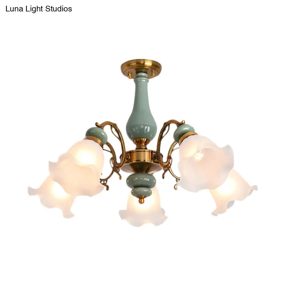 Gold/Black Floral Semi Mount Opal Glass Ceiling Lamp With 3/5 Traditional Lighting Heads - Perfect
