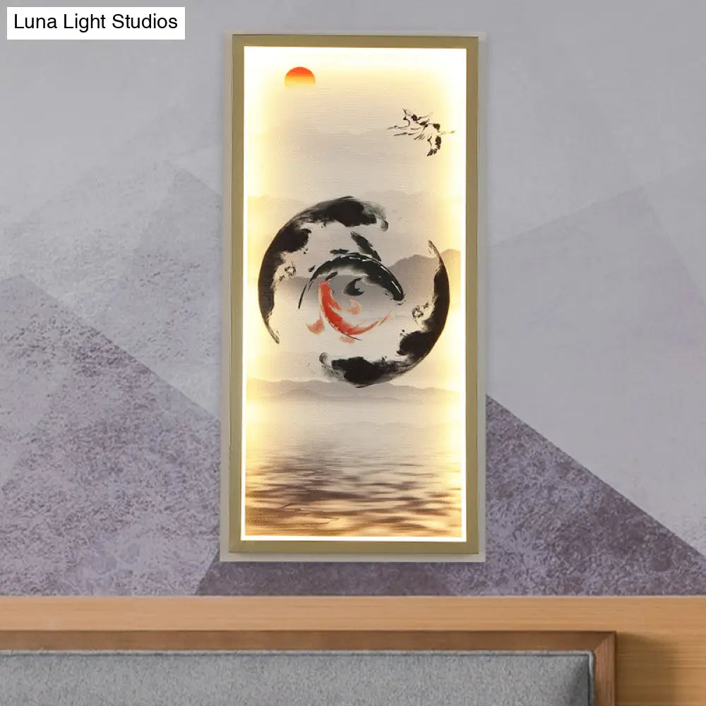 Gold-Black Led Fish Mural Wall Lamp Aluminum Rectangle Design