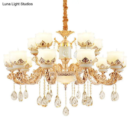 Gold Blossom Crystal Chandelier With Jade Shade