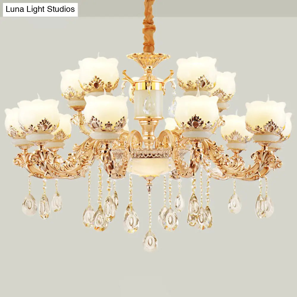 Gold Blossom Crystal Chandelier With Jade Shade 15 /