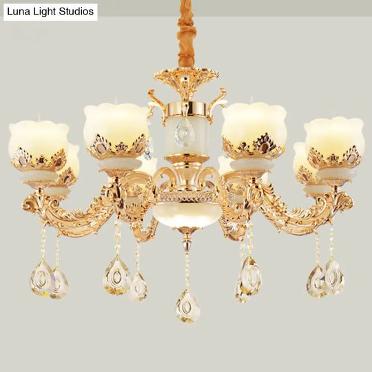 Gold Blossom Crystal Pendant Chandelier With Elegant Jade Shade