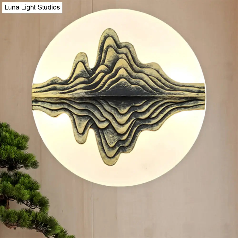 Gold/Blue Chinese Style Led Acrylic Wall-Mounted Lamp With Rounded Mountain Mural For Bedrooms