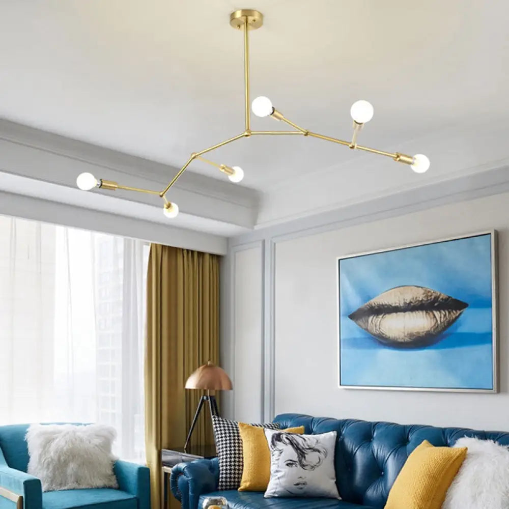 Gold Branch Chandelier: 6-Light Post Modern Pendant Light Fixture In Metal