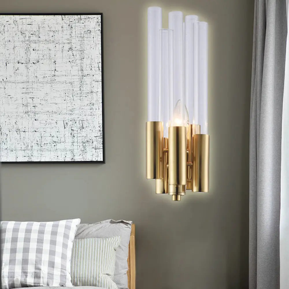 Gold Candelabra Sconce With Flute Crystal Shade And Modern Twist