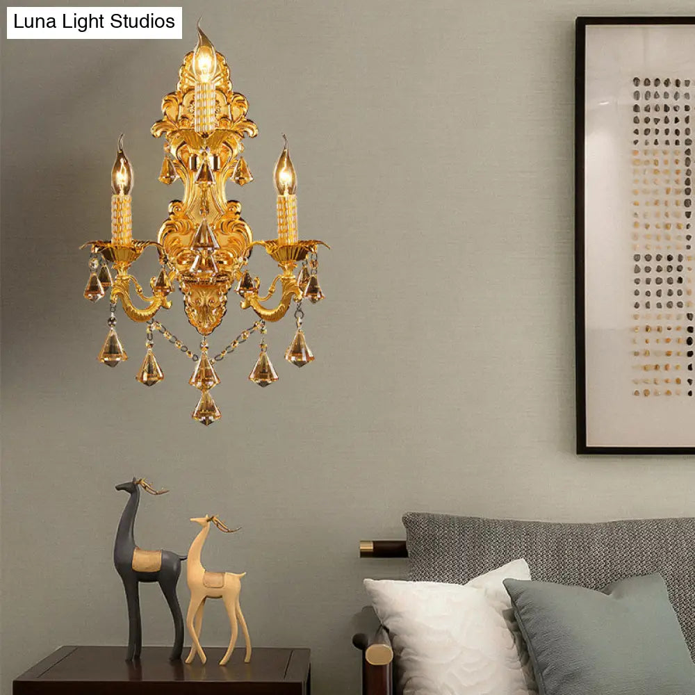 Gold Candelabra Wall Light With Crystal Decoration - Traditional Metal Sconce For Bedroom (3 Heads)