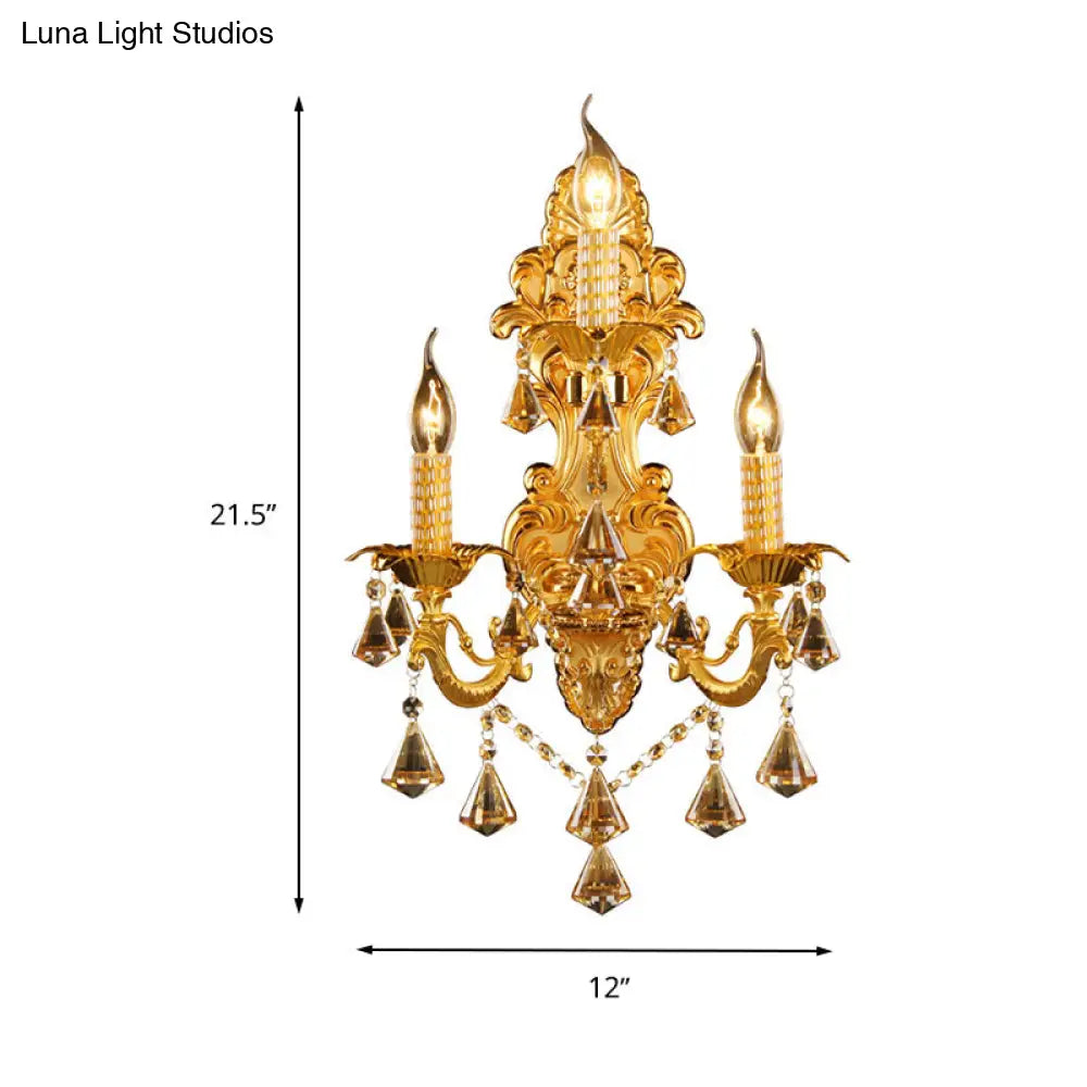 Gold Candelabra Wall Light With Crystal Decoration - Traditional Metal Sconce For Bedroom (3 Heads)