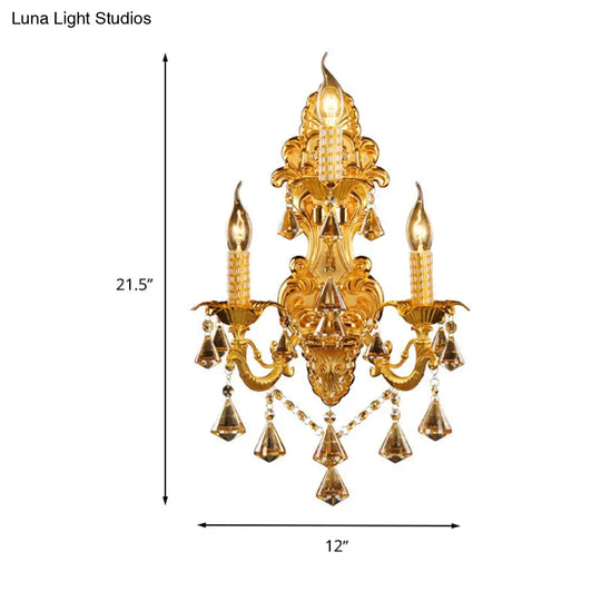 Gold Candelabra Wall Light With Crystal Decoration - Traditional Metal Sconce For Bedroom (3 Heads)