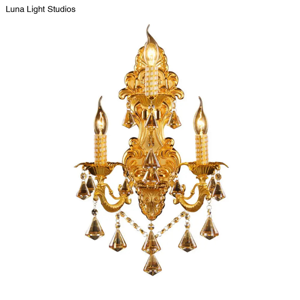 Gold Candelabra Wall Light With Crystal Decoration - Traditional Metal Sconce For Bedroom (3 Heads)