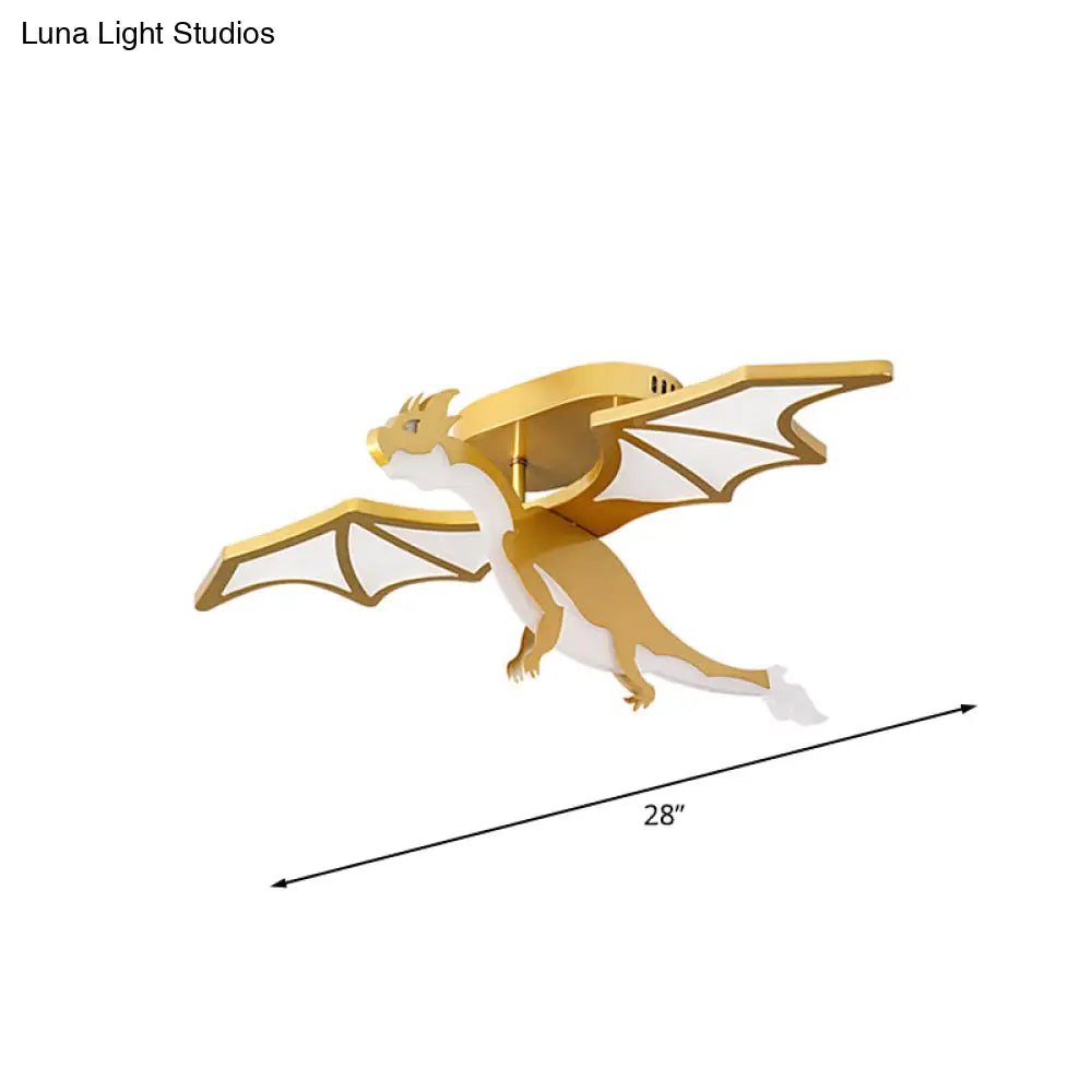 Gold Cartoon Pterosaur Kids Led Semi-Flush Lamp For Bedroom