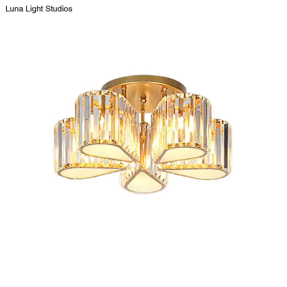 Gold Carved Crystal Semi - Flush Ceiling Lamp With Oval/Teardrop Design And 5 Lights