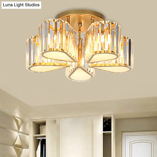 Gold Carved Crystal Semi-Flush Ceiling Lamp With Oval/Teardrop Design And 5 Lights / Water Drop