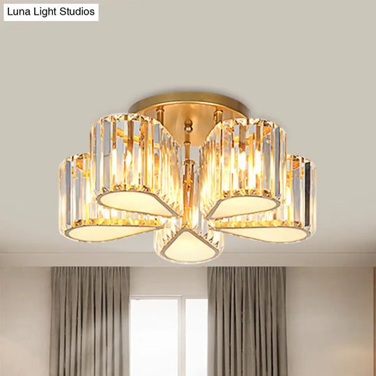 Gold Carved Crystal Semi - Flush Ceiling Lamp With Oval/Teardrop Design And 5 Lights