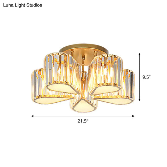 Gold Carved Crystal Semi-Flush Ceiling Lamp With Oval/Teardrop Design And 5 Lights