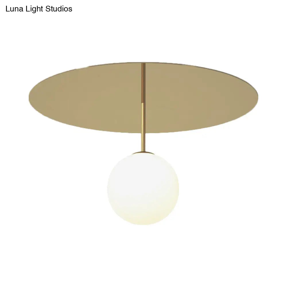 Gold Ceiling Mount Semi Flush Light With Cream Glass Ball And Disc Canopy