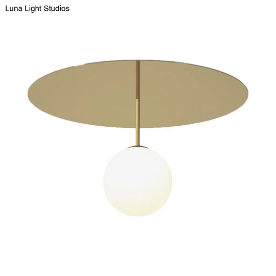 Gold Ceiling Mount Semi Flush Light With Cream Glass Ball And Disc Canopy