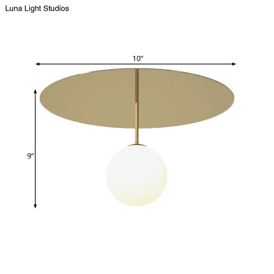 Gold Ceiling Mount Semi Flush Light With Cream Glass Ball And Disc Canopy