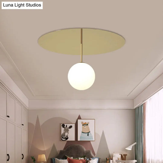 Gold Ceiling Mount Semi Flush Light With Cream Glass Ball And Disc Canopy