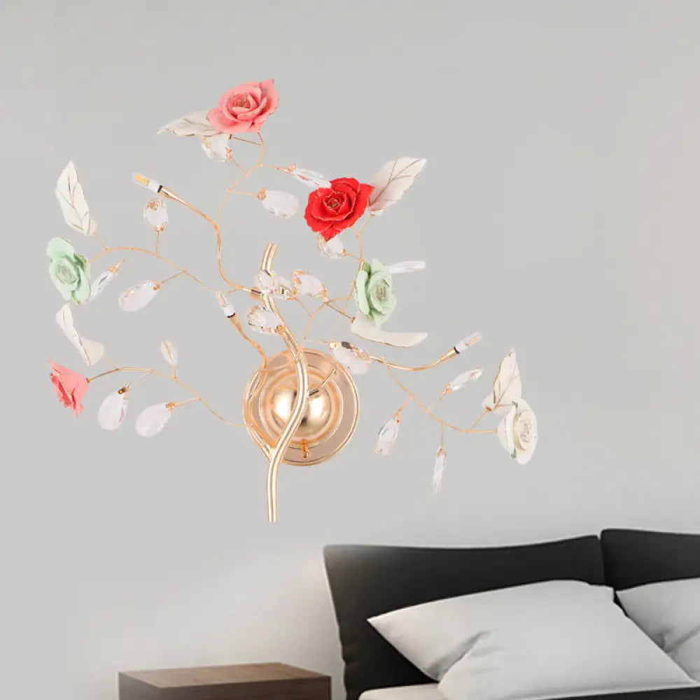 Gold Ceramic Flower Vine Wall Light - Romantic Pastoral Bedside Lighting (2-Bulb)