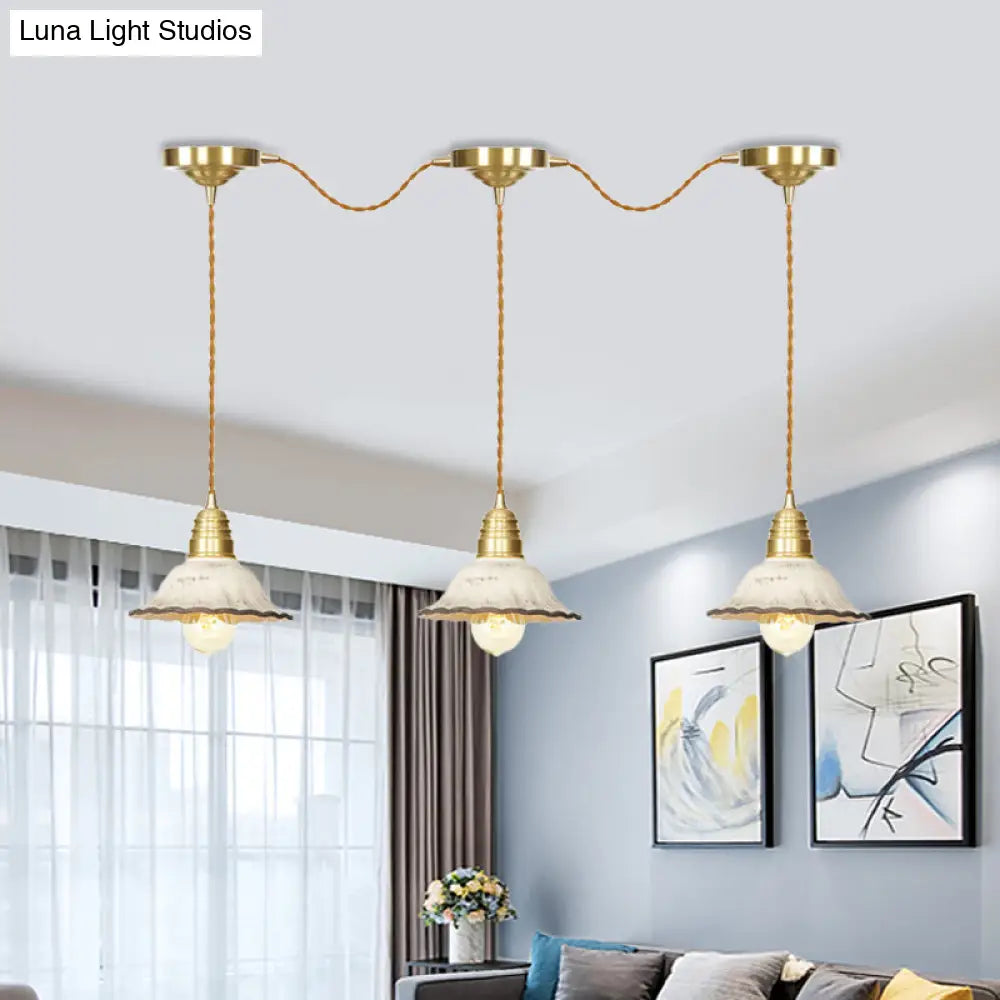 Gold Ceramics Suspension Lamp - Traditional Scalloped Multi-Hanging Light With Series Connection