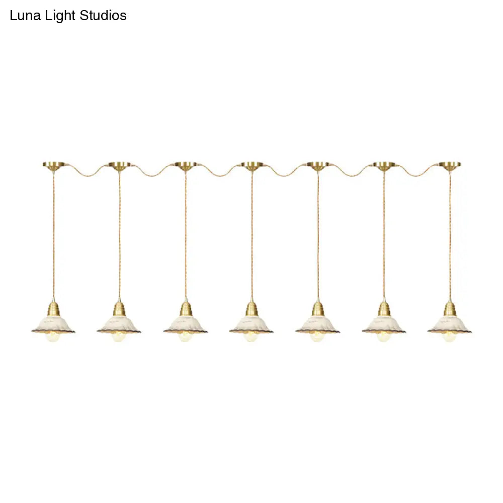 Gold Ceramics Suspension Lamp - Traditional Scalloped Multi-Hanging Light With Series Connection