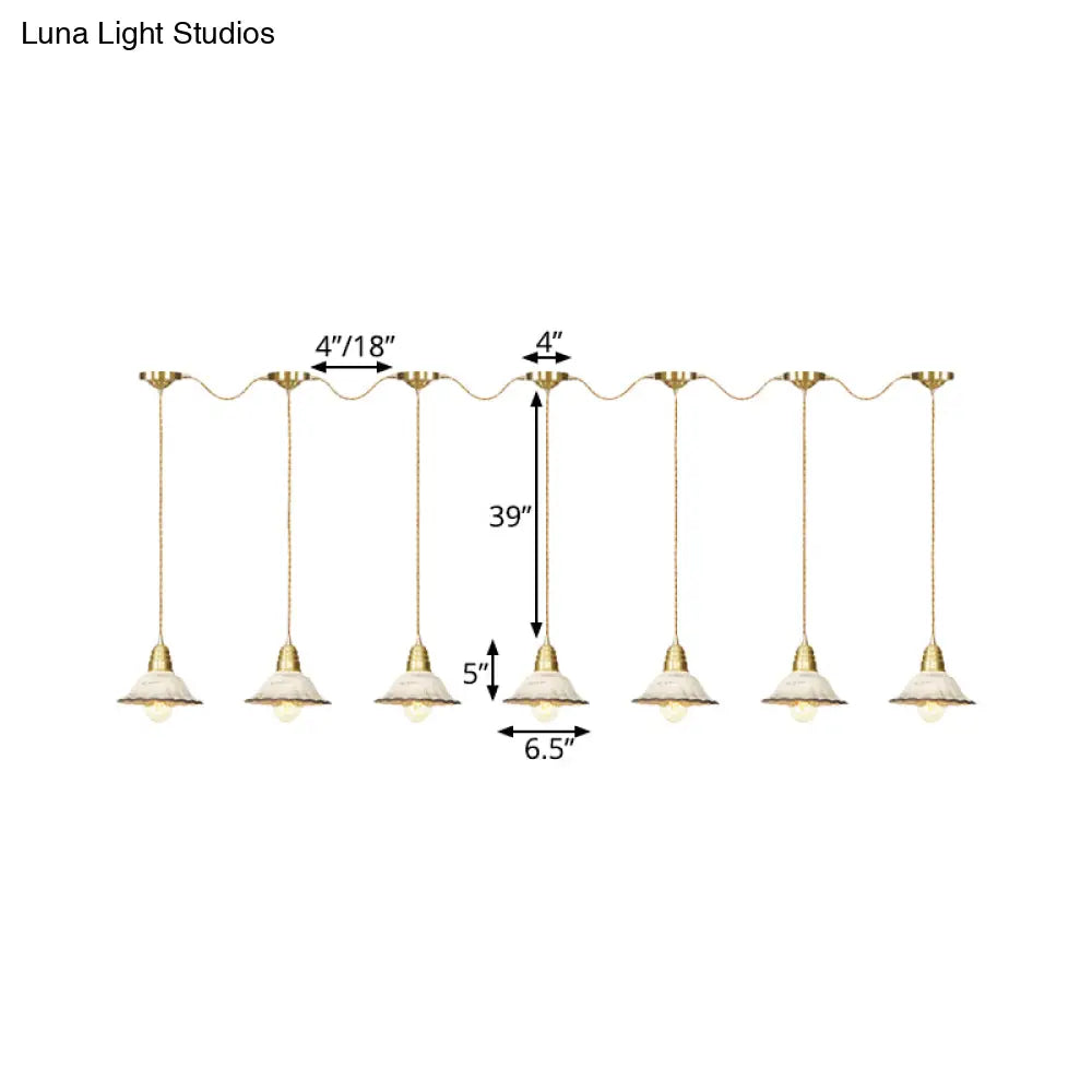 Gold Ceramics Suspension Lamp - Traditional Scalloped Multi-Hanging Light With Series Connection