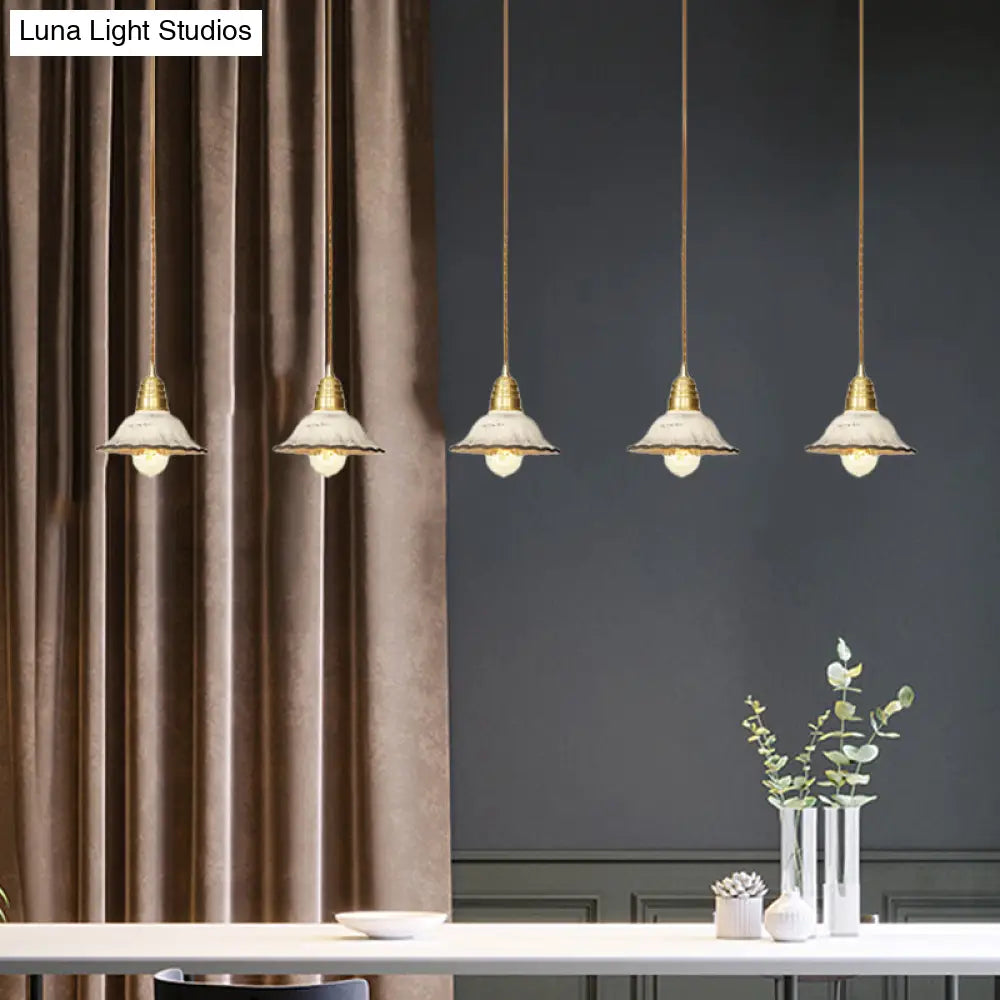 Gold Ceramics Suspension Lamp - Traditional Scalloped Multi-Hanging Light With Series Connection