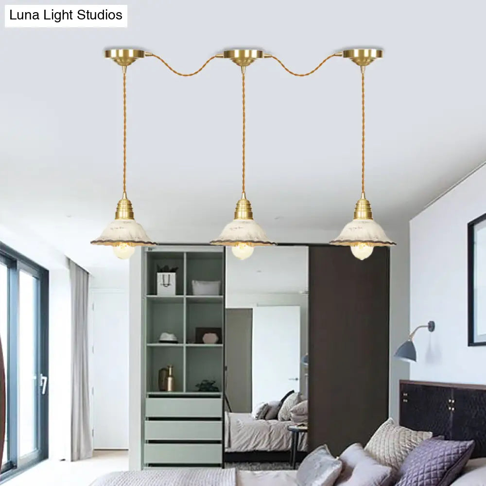 Gold Ceramics Suspension Lamp - Traditional Scalloped Multi-Hanging Light With Series Connection