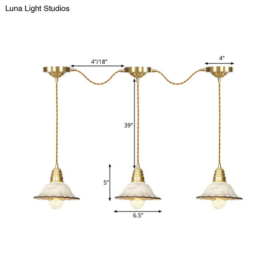 Gold Ceramics Suspension Lamp - Traditional Scalloped Multi-Hanging Light With Series Connection