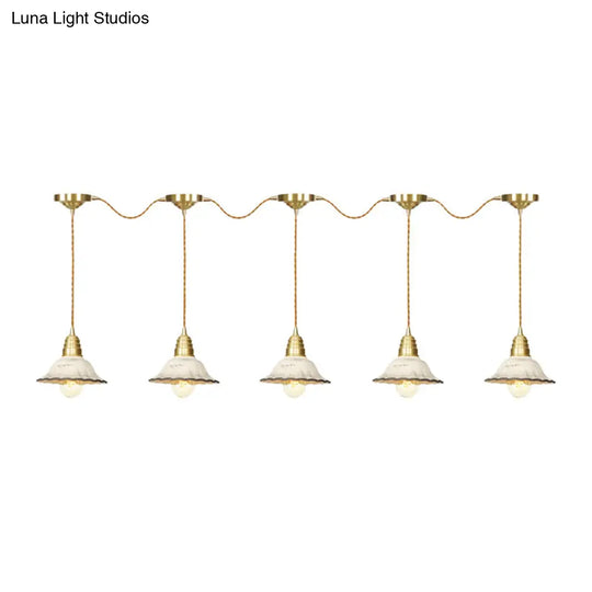 Gold Ceramics Suspension Lamp - Traditional Scalloped Multi-Hanging Light With Series Connection