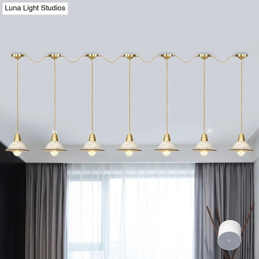 Gold Ceramics Suspension Lamp - Traditional Scalloped Multi-Hanging Light With Series Connection