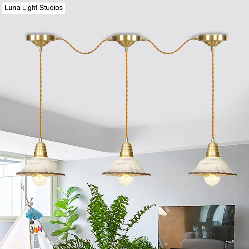 Gold Ceramics Suspension Lamp - Traditional Scalloped Multi-Hanging Light With Series Connection