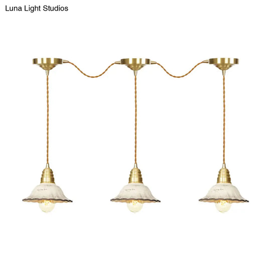 Gold Ceramics Suspension Lamp - Traditional Scalloped Multi-Hanging Light With Series Connection