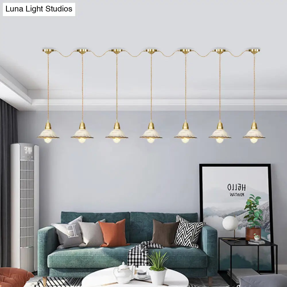 Gold Ceramics Suspension Lamp - Traditional Scalloped Multi-Hanging Light With Series Connection