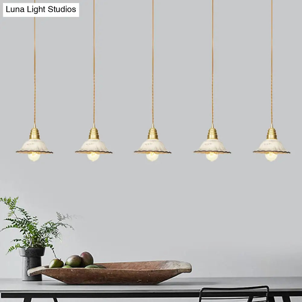 Gold Ceramics Suspension Lamp - Traditional Scalloped Multi-Hanging Light With Series Connection