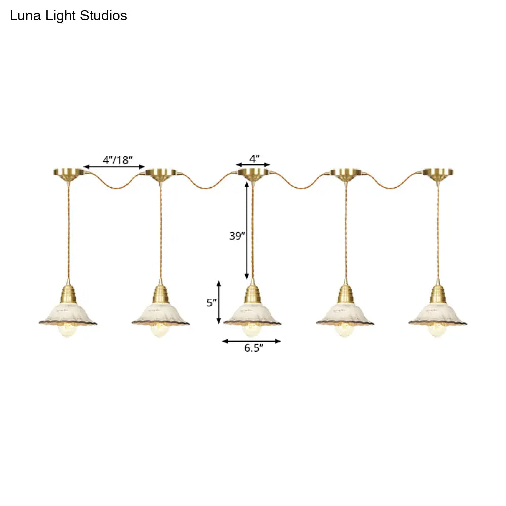 Gold Ceramics Suspension Lamp - Traditional Scalloped Multi-Hanging Light With Series Connection