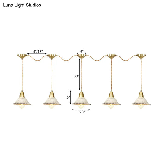 Gold Ceramics Suspension Lamp - Traditional Scalloped Multi-Hanging Light With Series Connection