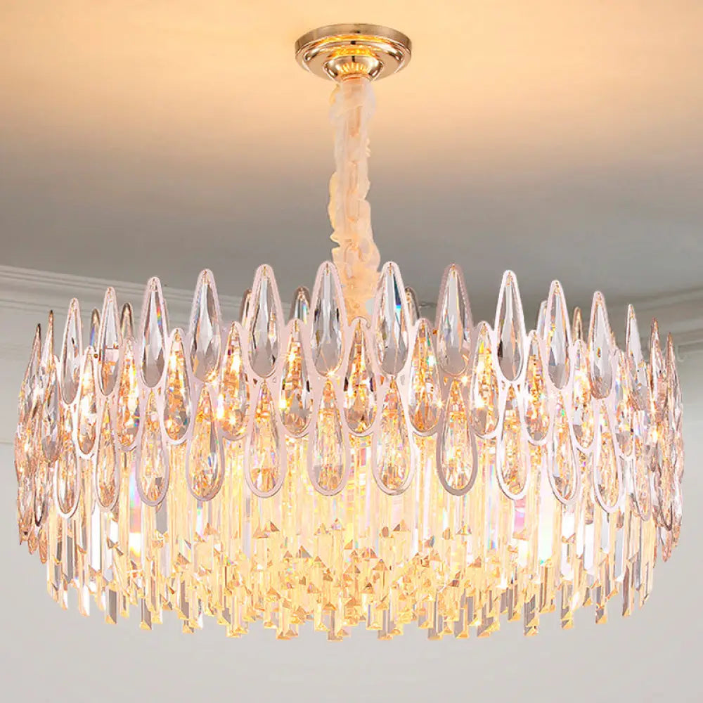 Gold Chandelier With 6 Clear Crystal Teardrop Heads - Modern Hanging Ceiling Light