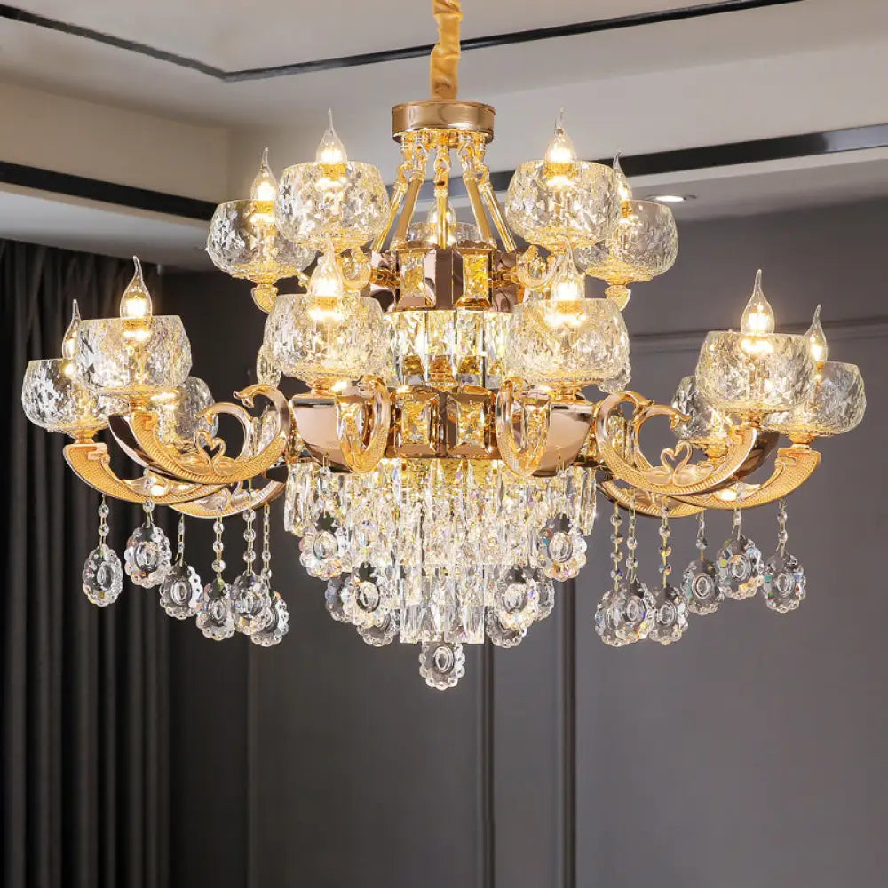 Gold Chandelier With Crystal Draping - Oblate Pendant Light Faceted Glass Design | Classic Lighting