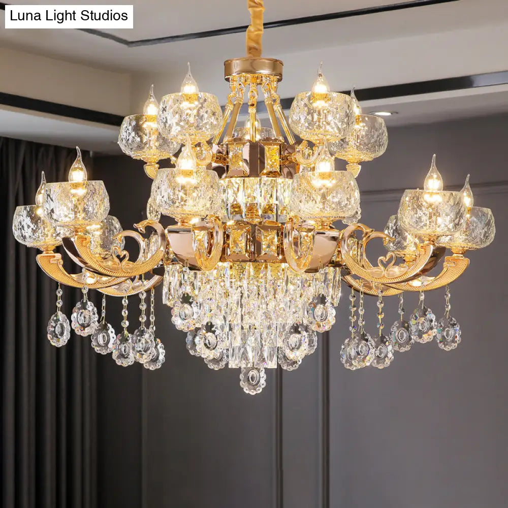 Gold Chandelier With Crystal Draping - Oblate Pendant Light Faceted Glass Design | Classic Lighting